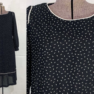 Vintage Black A-Line Dress Polka Dot White Squiggles Mod Long Sleeves Sheer Large 1980s 