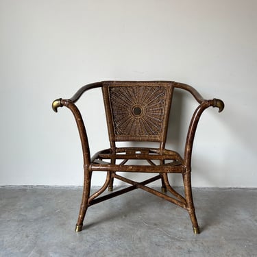 Vintage Organic Faux - Tortoise Shell Finish Rattan and Brass Accent Chair 