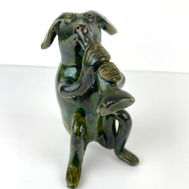 Vintage Green Musical Dog Folk Art Pottery Figure Flower Frog Artisan Handmade 