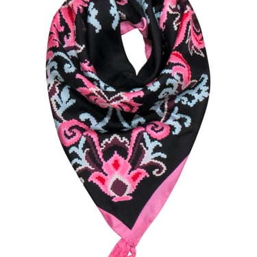 Kate Spade - Black, Pink & Blue Printed Silk Scarf w/ Tassels
