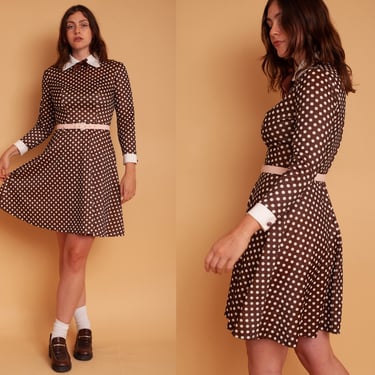 Vintage 70s Brown Polka Dot Long Sleeve A-Line Mini Dress w/ Pussybow Neckline // Alexa Chung London Street Style 