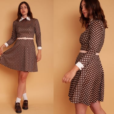 Vintage 70s Brown Polka Dot Long Sleeve A Line Mini Dress Transplant Vintage Los Angeles CA