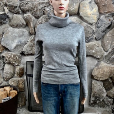 Ladies Wool Acrylic Blend Fitted Sweater 1970s Vintage Gray Long Sleeve Cowl Neck Pullover Turtleneck Top Women's Large 