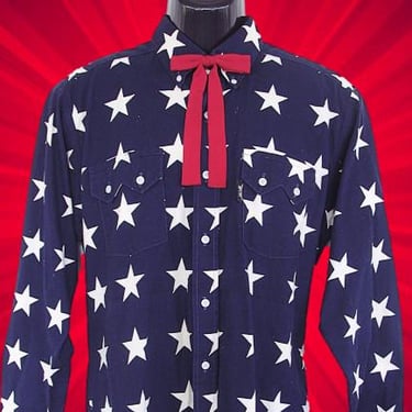 Vintage Western Retro Men's Cowboy & Rodeo Shirt by Panhandle Slim, Navy Blue with Bold White Stars, Tag Size 16-34, Large (see meas. photo) 