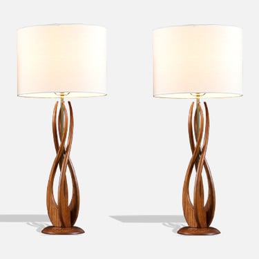 Mid-Century Sculpted Walnut with Brass Accent Table Lamps