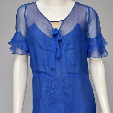 vintage antique late 1920s early 30s blue silk dress w/ ruffles XS/S 