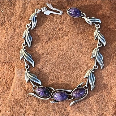 Vintage Russian Sterling Silver and Purple Charoite Stone Leaf Bracelet 