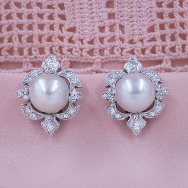 Midcentury Mabé Pearl &amp; Diamond Earrings