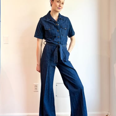 70’s Plushbottoms Young New Yorker for Lord and TaylorShort Sleeve Denim Bell Bottom Belted Snap Up Jumpsuit