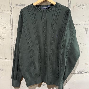 Vintage 90’s Cable Knit Sweater Fisherman’s Style knit thick heavy Green Nautica cotton 