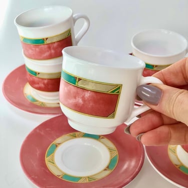 Vintage French Espresso Cup & Saucer Set, Pink Espresso Cup Sets Made in France by Arcopal Pompeii, Espresso Gift Set, Coffee Lover Gift 