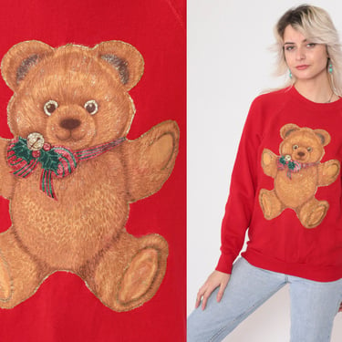 Christmas Teddy Bear Sweatshirt 80s Red Gold Glitter Sweater Graphic Shirt Cute Holiday Teddybear Vintage Raglan Sleeve 1980s Small S 