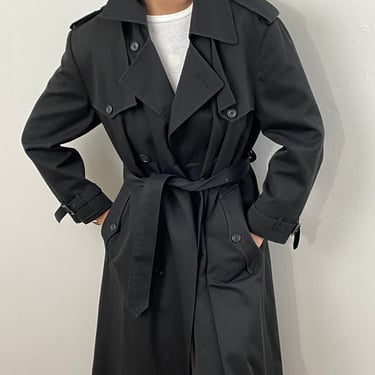 vintage Christian Dior trench coat / vintage Dior black cotton double breast belted spy epaulette boyfriend trench coat | Medium 
