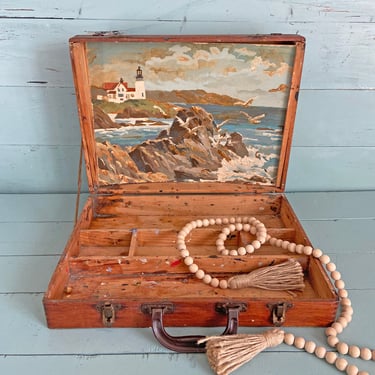 Vintage Painter's Box With Old Seaside Painting Included // Vintage Art Collector, Wooden Artist's Box // Perfect Gift 