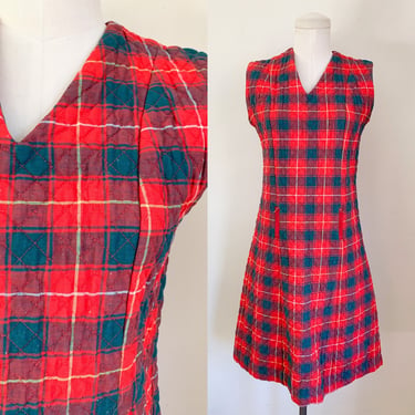Vintage 1960s Plaid Quilted Dress / S 