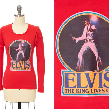 Vintage 1970s Tee | 70s Elvis "The King Lives On" Iron-On Transfer Red Jersey Long Sleeve T-Shirt Top (x-small) 