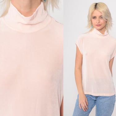 90s Mock Neck Top Baby Pink Blouse Semi-Sheer Mockneck Cap Sleeve T Shirt Retro Tight Stretchy Pastel Plain Casual Vintage 1990s Medium M 