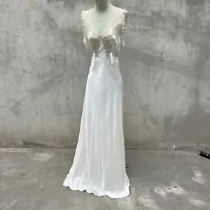 Vintage 1930s White Rayon Satin Slip Dress Bias Cut Full Length  Floral Lace