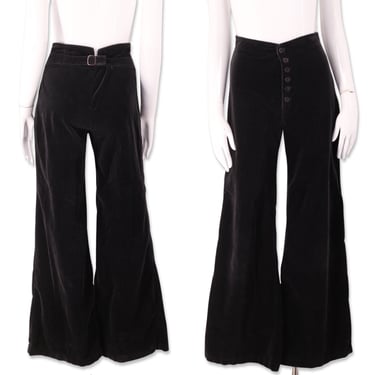 70s CHEMIN DE FER black velvet bell bottoms 28", vintage 1970s high rise buckle back flares, rare jeans pants bells 8 M 