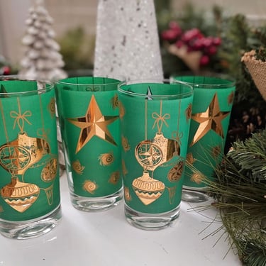 Vintage Christmas Cocktail Glasses, MCM Barware, Gold Christmas Glasses, Vintage Barware, 