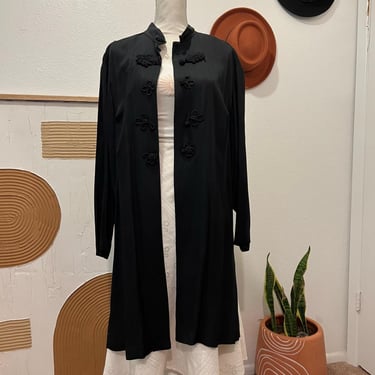 Black 90s Vintage Embellished Oversized Long Duster Kimono Jacket USA 18 