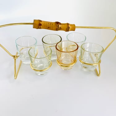 50s Shot Glass Set Holder Bamboo Vintage Mid Century Barware 