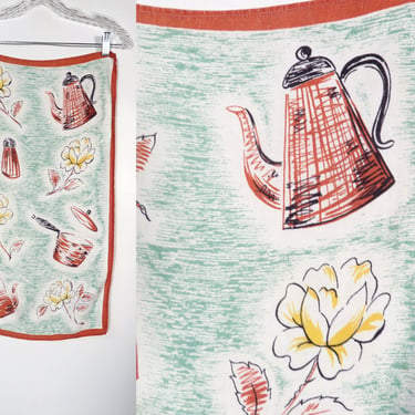 Vintage 50s/60s Linen Tea Towel With Tea And Kitchen Motif 