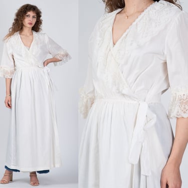 60s 70s Lace Trim Wrap Dressing Gown - Medium | Vintage Henson White Maxi Robe 