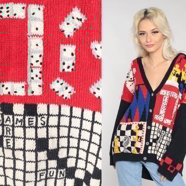 Novelty Cardigan 90s Playing Card Games Button up Knit