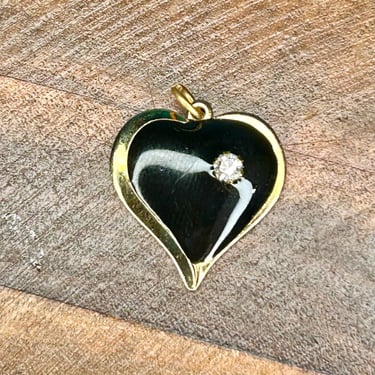 Black Heart Pendant Gold Tone Metal Black Enamel Rhinestone Vintage Retro Love 