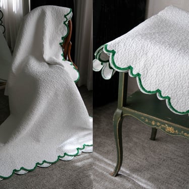 Vintage 70s D. PORTHAULT PARIS Ivory & Green Scalloped Cotton Coverlet Quilt | Made in France | 100% Cotton | 1970s French Designer Blanket 
