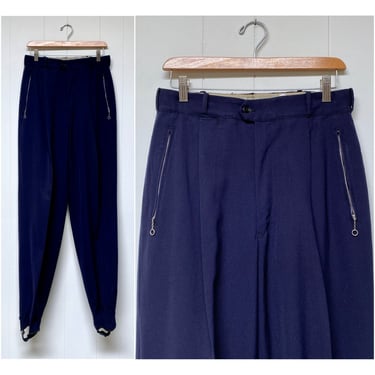 Vintage 1940s Men's White Stag Ski Pants, Navy Blue Wool Gabardine High-Waisted Tapered Leg Trousers with Stirrups, 30 x 35 