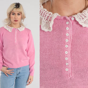 Crochet Collar Sweater 80s Pink Knit Pullover Collared Sweater Half Button Up Hippie Retro Kawaii Girly Cotton Ramie Vintage 1980s Medium M 