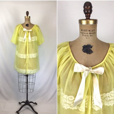 Vintage 60s robe | Vintage lemon yellow chiffon house coat | 1960s shirt chiffon lace peignoir 