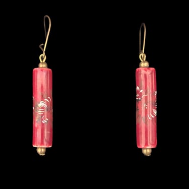1990s Dark Pink Ceramic Cylinder Bead and Gold Tone Pierced Drop Earrings | 90s Vintage White Floral Painted French Hook Earrings 