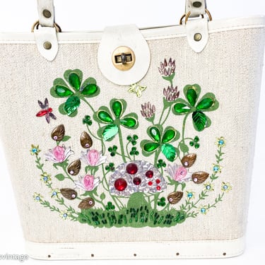 1960s Green Clover Bejeweled Purse | 60s Beaded Burlap Tote Bag | Enid Collins-like 