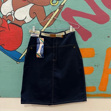 1980s Nina Martini deadstock dark wash denim pencil skirt with snap flap bib pockets / avant garde / deconstructed/ pockets / 30” waist / M 
