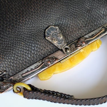 1910s Jemco Silver Plated Hinged Frame Leather Handbag - Art Nouveau Antique Edwardian Embossed Top Handle Purse 