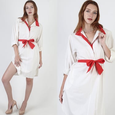 80s Red Pop Rock Shirt Dress, White Split Scallop Hem, Matching Belted Included 