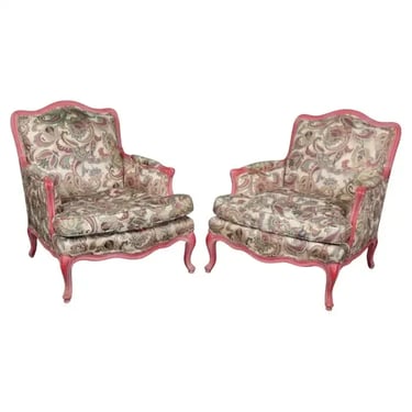Pair of Custom Upholstered French Red Painted Paisley Over-sized Bergere Chairs
