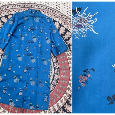 Exquisite vintage ‘60s blue silk or rayon floral brocade jacket | Peony brand, Shanghai, pink roses, cocktail duster, holiday party, M 