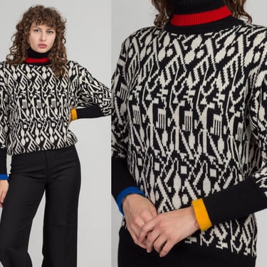80s Black & White Geometric Turtleneck Sweater - Medium | Vintage Colorful Striped Trim Pullover Jumper 