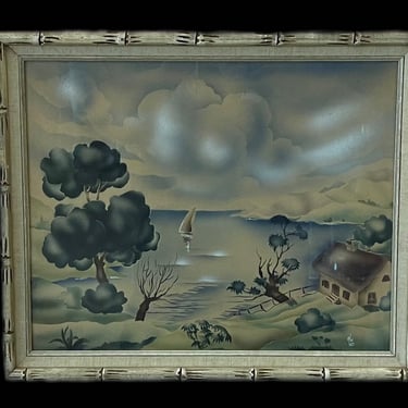 Vintage Airbrushed Turner Style Mathews Print of Sailboat in Faux Bamboo Frame 