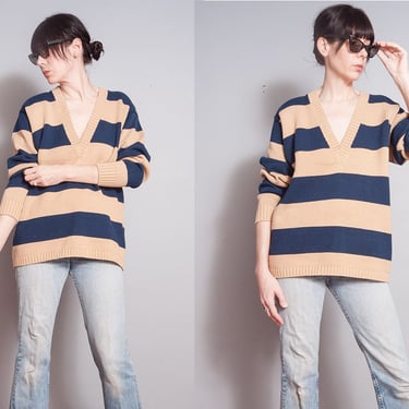 Vintage 1980's | Striped | V Neck | Pullover | 100% Cotton | Sweater | M/L 