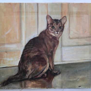 Antique Cat Oil Painting Entitled Le Chat By Martha C. Ferrell, Tabby Cat, Nashville Tenn Artist, Wrapped Canvas 