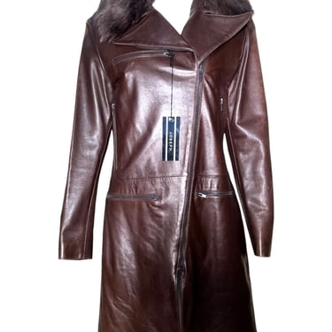 2000s JOSEPH Brown Leather Coat w/Fur Collar, NWT