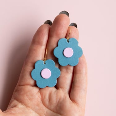 Juicy Blooms Flower Earrings in Cornflower Blue + Pink - Lightweight & Made from Reclaimed Leather 