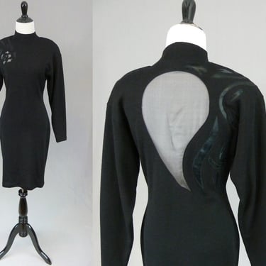 80s Black Wool Bodycon Dress - Flower & Teardrop Cutouts - Andrea Jovine - Vintage 1980s M 