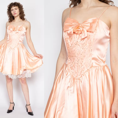 Medium 90s Peach Satin Party Dress | Vintage Fit & Flare Lace Trim Prom Formal Gown 