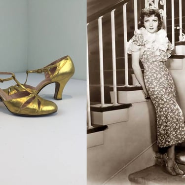 A Demur Claudette Colbert - Vintage 1930s Old Gold Leather T-Strap Evening Pumps Heels Shoes - 7 1/2AA 